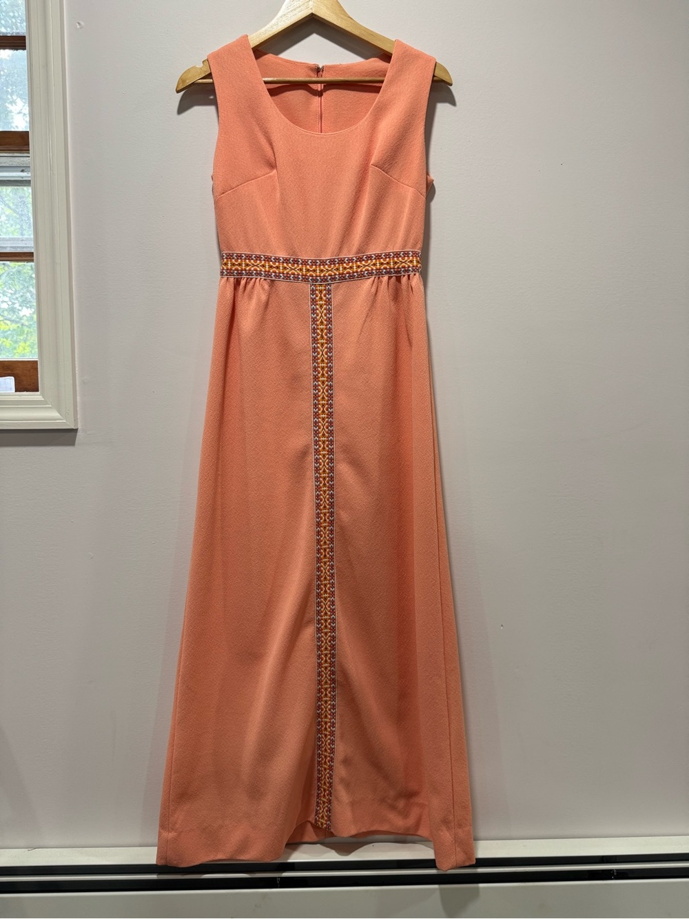 Vintage 60s 70s Peach Empire Waist Maxi Dress Sleeveless Embroidered Size XS